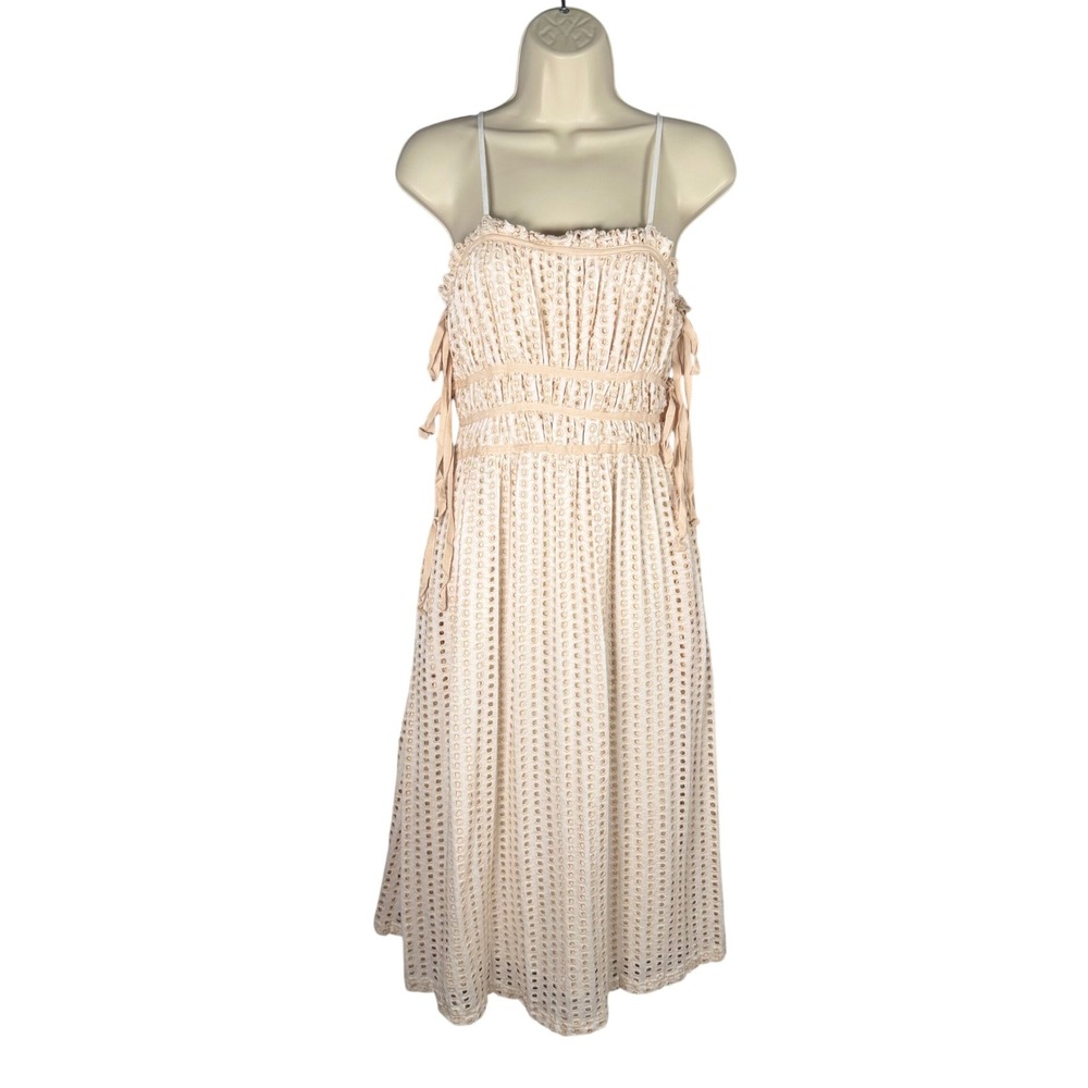 BTFL-Life Midi Sun Dress XS Beige Cream Eyelet Spaghetti Strap‎ Side Ties